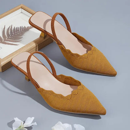 Elegant Women’s Pointed-Toe Slingback Sandals - Breathable Knit Kitten Heel Ankle Strap Shoes