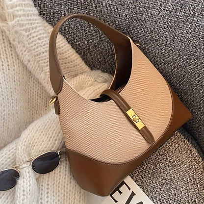 Women’s Faux Leather Shoulder Bag - Retro Style Elegant Handbag with Golden Accents and Zip Closure