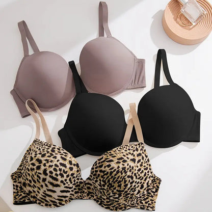 3pcs Plus Size Everyday Bras - Breathable Nylon Blend Underwire Bra Set with Leopard and Solid Colors