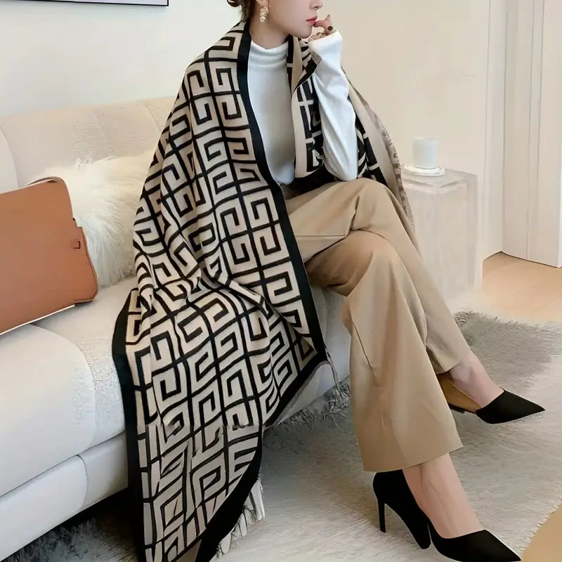 Elegant Black & White Geometric Printed Scarf – Lightweight Polyester Cape with UV Protection for Women