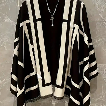 Plus Size Geo Print Color Block Shawl Top - Women’s Elegant Open-Front Cover-Up for Fall and Winter