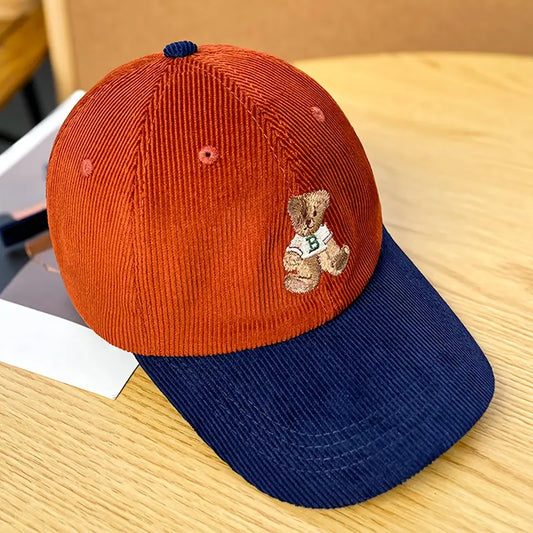 Anime Bear Embroidered Cotton Corduroy Baseball Cap for Women - Adjustable Casual Hat with Drawstring, Lightweight and Comfortable