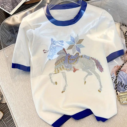 Animal Pattern Crew Neck Sweater - Casual Contrast Trim Short Sleeve Pullover for Women's Spring and Summer Clothing