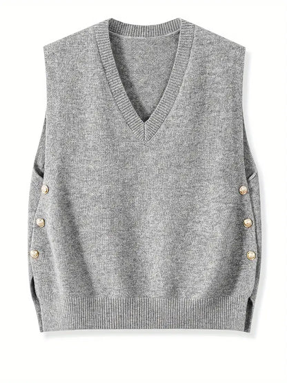 V-Neck Knitted Vest with Side Buttons – Stylish Women’s Casual Knit Top
