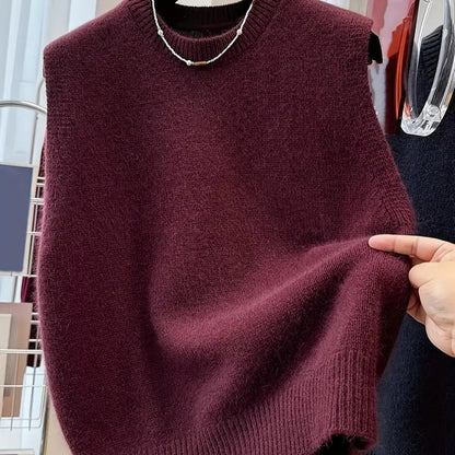 Chic Red Crew Neck Sleeveless Knit Vest - Cozy Polyester, Machine Washable for Spring & Fall