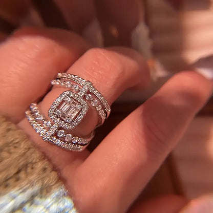 Vintage Inlaid Square Zirconia Ring - Sparkling Double-Sided Hollow Wide Ring for Ladies