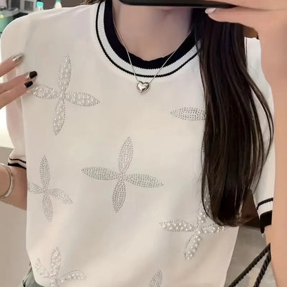 Beaded Rhinestone Crew Neck Knitted Top – Elegant Spring Summer Women’s Sweater