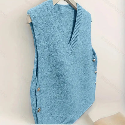 V-Neck Knitted Vest with Side Buttons – Stylish Women’s Casual Knit Top