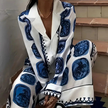 Blue Abstract Print Two-Piece Pants Set – Fashionable and Chic Women’s Outfit