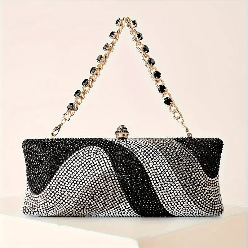 Sparkling Rhinestone Petite Clutch - Evening Bag with Detachable Wrist Strap and Long Chain