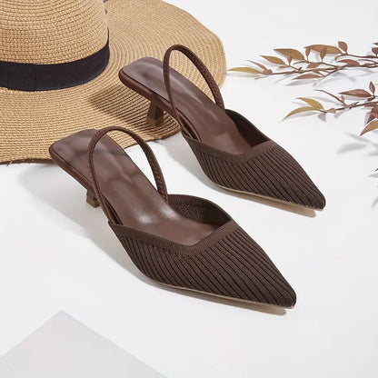Elegant Women’s Pointed-Toe Slingback Sandals - Breathable Knit Kitten Heel Ankle Strap Shoes