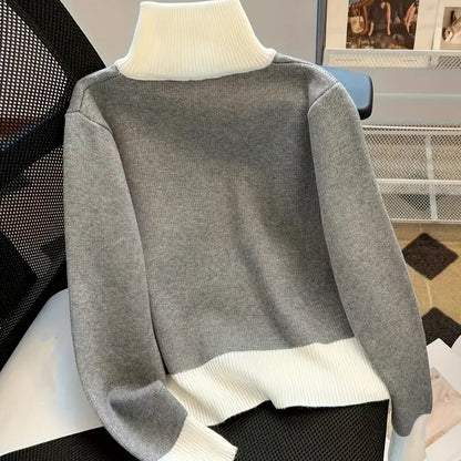 Color Block Zip-Up Knit Cardigan for Women – Stylish Turtle Neck Long Sleeve Sweater for Fall & Winter