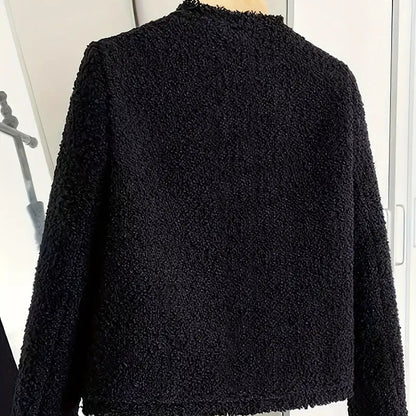 Solid Color Button Front Textured Jacket - Chic V Neck Long Sleeve Women’s Fall & Winter Coat