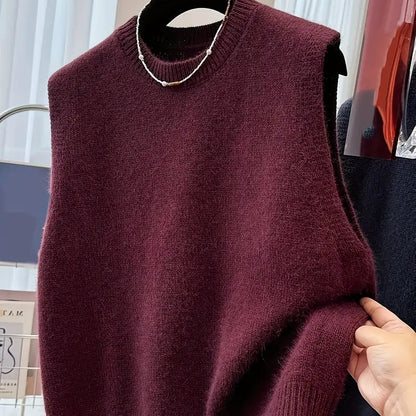 Chic Red Crew Neck Sleeveless Knit Vest - Cozy Polyester, Machine Washable for Spring & Fall