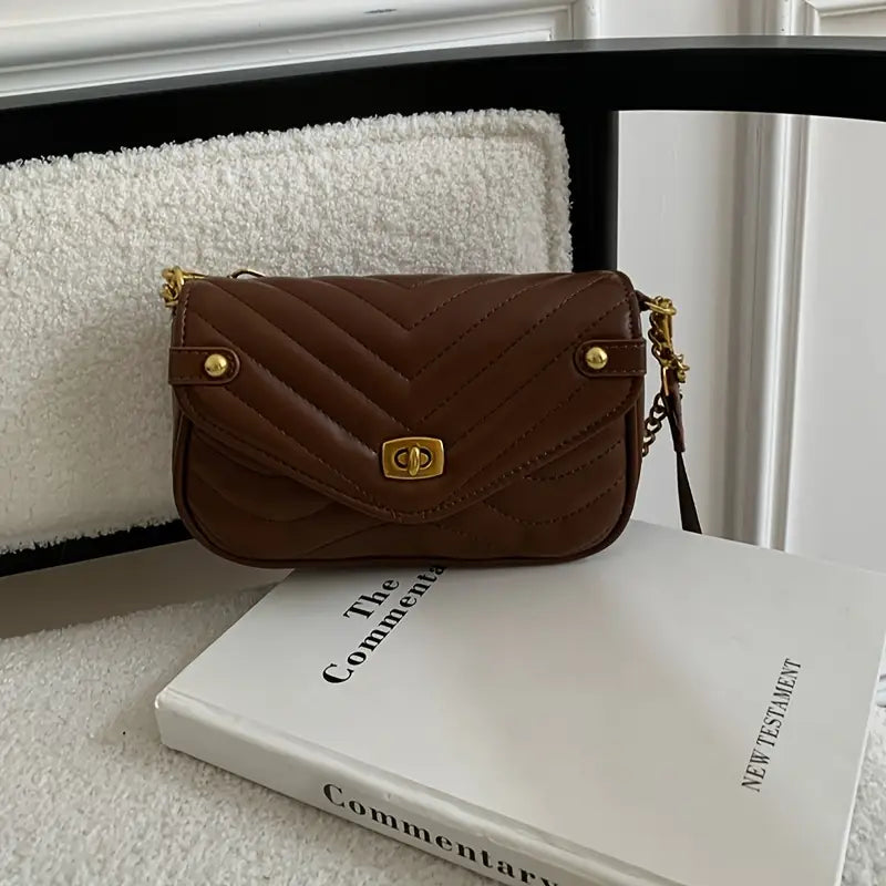 Honey Girl Quilted Shoulder Bag - Geometric Faux Leather Crossbody with Chain Strap and Rivet Details