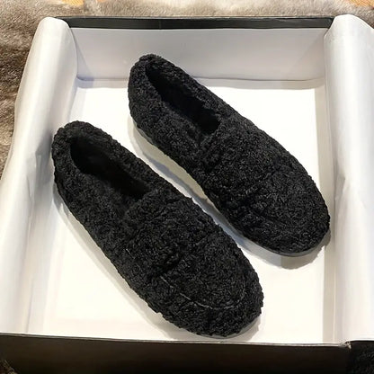 Solid Color Flat Loafers for Women - Casual Slip-On Plush Lined Winter Shoes for Comfort