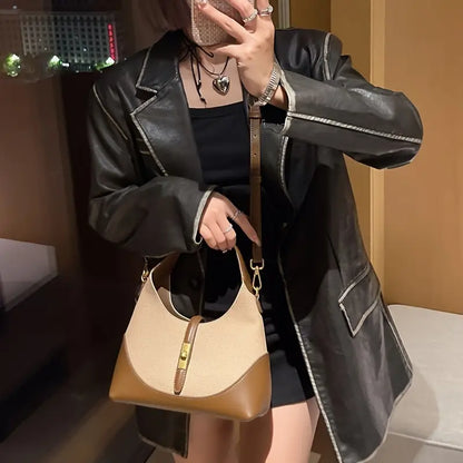 Women’s Faux Leather Shoulder Bag - Retro Style Elegant Handbag with Golden Accents and Zip Closure