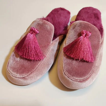 Honey Girl Princess Style Velvet House Slippers with Hand-Stitched Tassel – Cozy Winter Indoor Footwear