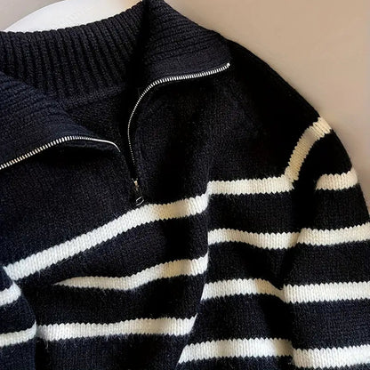 Striped Color Block Collared Sweater for Women - Thick Half-Zip Loose Soft Knit Top for Autumn Winter