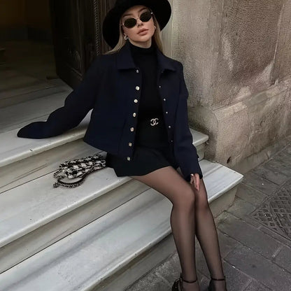 Vintage French Style Button-Up Short Jacket with Large Pockets for Women - Seasonal Outerwear