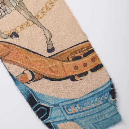 Elegant Floral Oversized Viscose Sweater for Women - Ribbon Detail Long Sleeve Crew Neck Knit Top