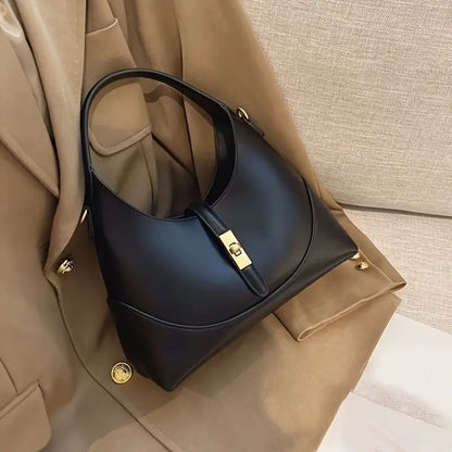 Women’s Faux Leather Shoulder Bag - Retro Style Elegant Handbag with Golden Accents and Zip Closure