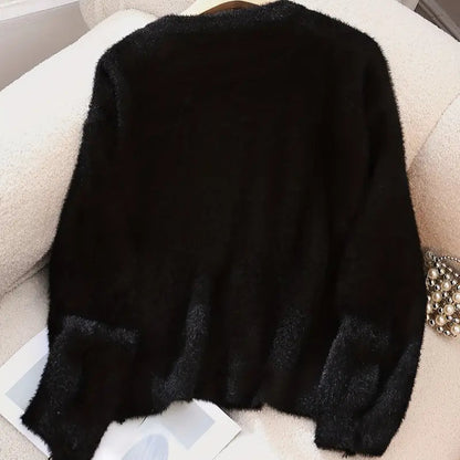 Elegant Pearl Chain Knit Cardigan for Women - Viscose Blend Crew Neck Sweater with Rhinestone Detail