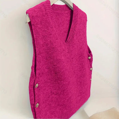 V-Neck Knitted Vest with Side Buttons – Stylish Women’s Casual Knit Top