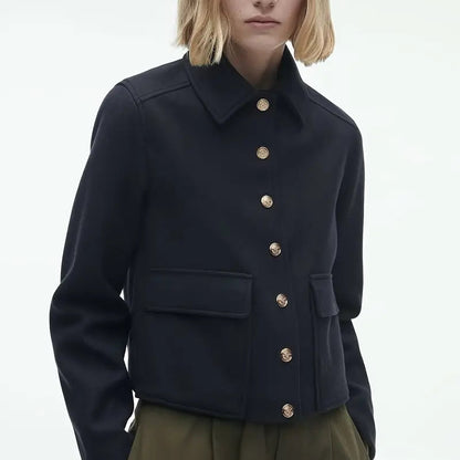 Vintage French Style Button-Up Short Jacket with Large Pockets for Women - Seasonal Outerwear