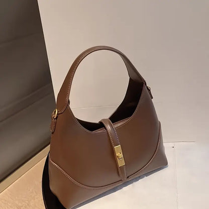 Women’s Faux Leather Shoulder Bag - Retro Style Elegant Handbag with Golden Accents and Zip Closure