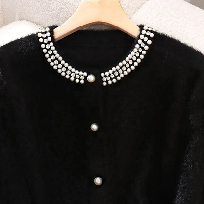 Elegant Pearl Chain Knit Cardigan for Women - Viscose Blend Crew Neck Sweater with Rhinestone Detail