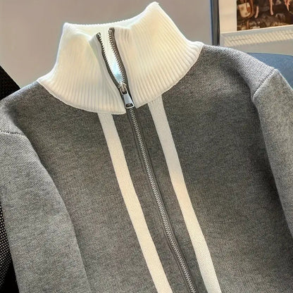 Color Block Zip-Up Knit Cardigan for Women – Stylish Turtle Neck Long Sleeve Sweater for Fall & Winter