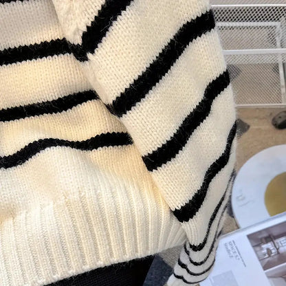 Striped Color Block Collared Sweater for Women - Thick Half-Zip Loose Soft Knit Top for Autumn Winter