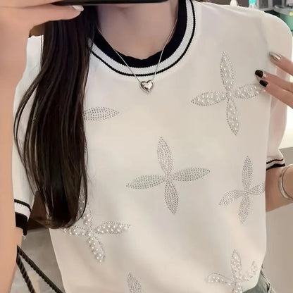 Beaded Rhinestone Crew Neck Knitted Top – Elegant Spring Summer Women’s Sweater