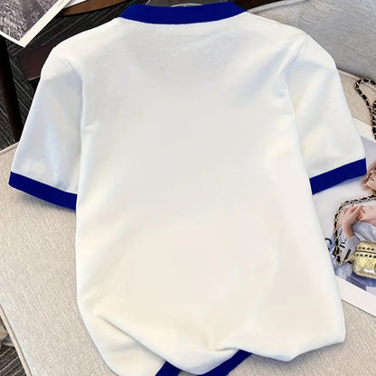 Animal Pattern Crew Neck Sweater - Casual Contrast Trim Short Sleeve Pullover for Women's Spring and Summer Clothing