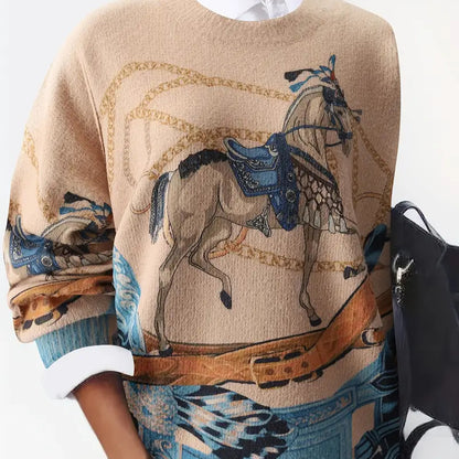 Elegant Floral Oversized Viscose Sweater for Women - Ribbon Detail Long Sleeve Crew Neck Knit Top