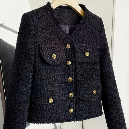 Solid Color Button Front Textured Jacket - Chic V Neck Long Sleeve Women’s Fall & Winter Coat