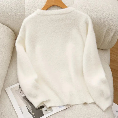 Elegant Pearl Chain Knit Cardigan for Women - Viscose Blend Crew Neck Sweater with Rhinestone Detail