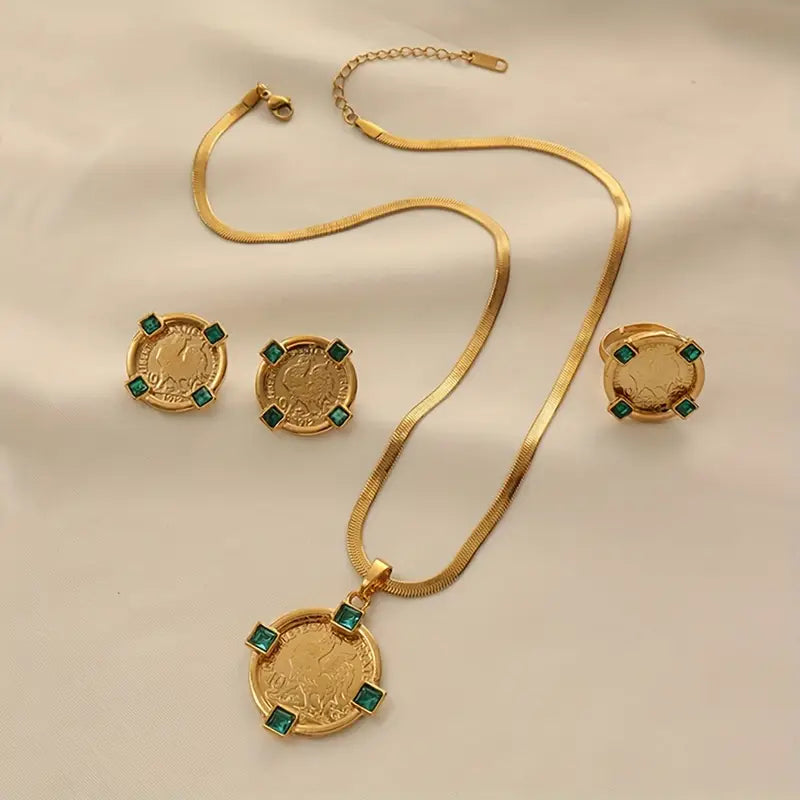 Gold Rooster Pattern Jewelry Set - Zirconia Pendant Necklace, Ring, and Earrings in Retro Luxury Design