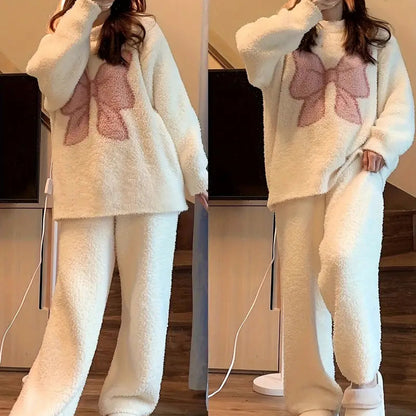 Women’s Butterfly Coral Fleece Pajama Set - Warm Long Sleeve Pullover and Pants Sleepwear