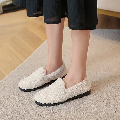 Solid Color Flat Loafers for Women - Casual Slip-On Plush Lined Winter Shoes for Comfort