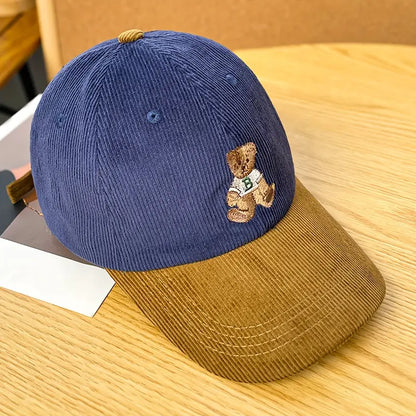 Anime Bear Embroidered Cotton Corduroy Baseball Cap for Women - Adjustable Casual Hat with Drawstring, Lightweight and Comfortable
